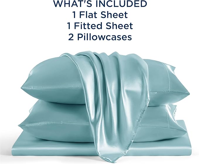 Bedsure Satin Sheets Full Size - 4 Piece Silky Bedsheets with 15 Inches Deep Pocket Fitted Bedsheet,1 Flat Sheet, 2 Satin Pillowcases, Good for Hair & Skin (Full, Blue)