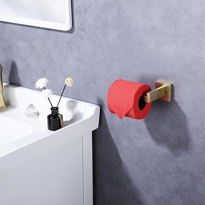 LANC Gold Toilet Paper Holder, Brushed Gold Toilet Paper Roll Holder Wall Mounted for Bathroom Washroom Modern Toilet Tissue Holder TP Dispenser Square Stainless Steel Left, A8807BG-LF