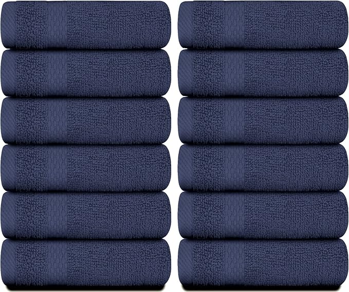 White Classic Luxury Cotton Washcloths 13x13 Inch - 650 GSM Turkish Cotton | Hotel, Spa, Bathroom Face Towel | 12 Pack, Navy Blue