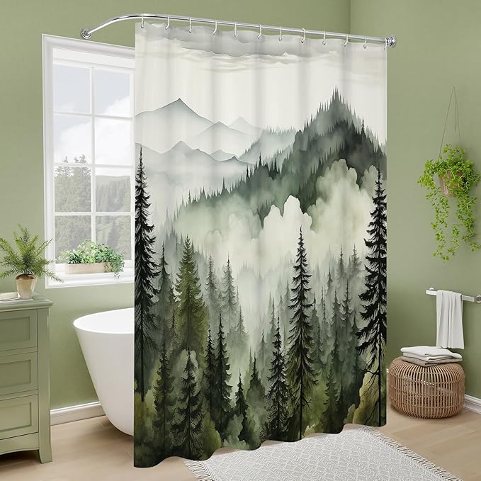 Dark Green Misty Pine Forest Shower Curtain, Mountain Foggy Woodland Scenery Tree Shower Curtains for Chic Rustic Bathroom, Abstract Modern Waterproof Nature-Themed Decor, 72x72 Inches