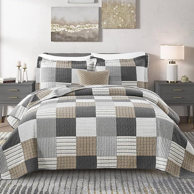 KALOOLA Plaid Quilt King Size, 100% Cotton Soft Lightweight Quilted Bedding Set for King Bed, Farmhouse Reversible Bedspread Coverlet with 2 Pillowshams for All Season, 3 Pcs, Grey/White/Black