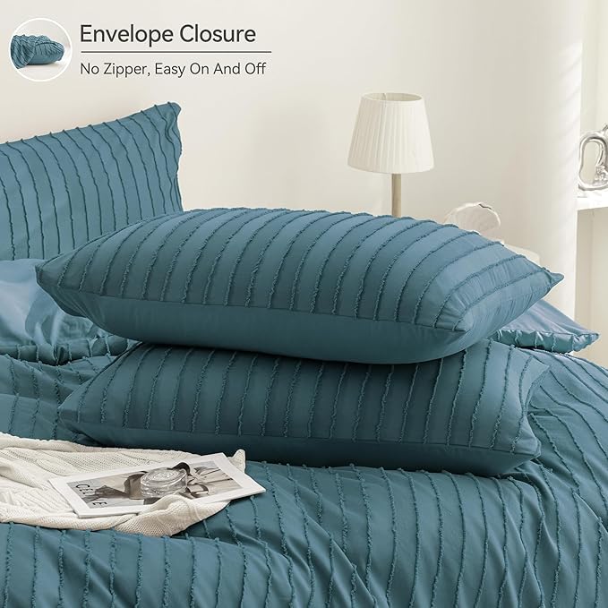 JELLYMONI Duvet Cover Twin Size Grayish Blue - 3PCS Boho Striped Duvet Cover Set Polyester Tufted Bohemian Textured Comforter Cover 68×90in with Corner Ties & Zipper and 2 Pillowcases