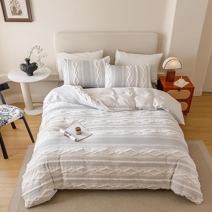 Cottonight White Black Boho Comforter Set Twin Farmhouse Tufted Bedding Set Soft Bohemain Shabby Chic Blanket Quilts Embroidery Rustic Luxury Soft 3PCS Bed Set for Women Men