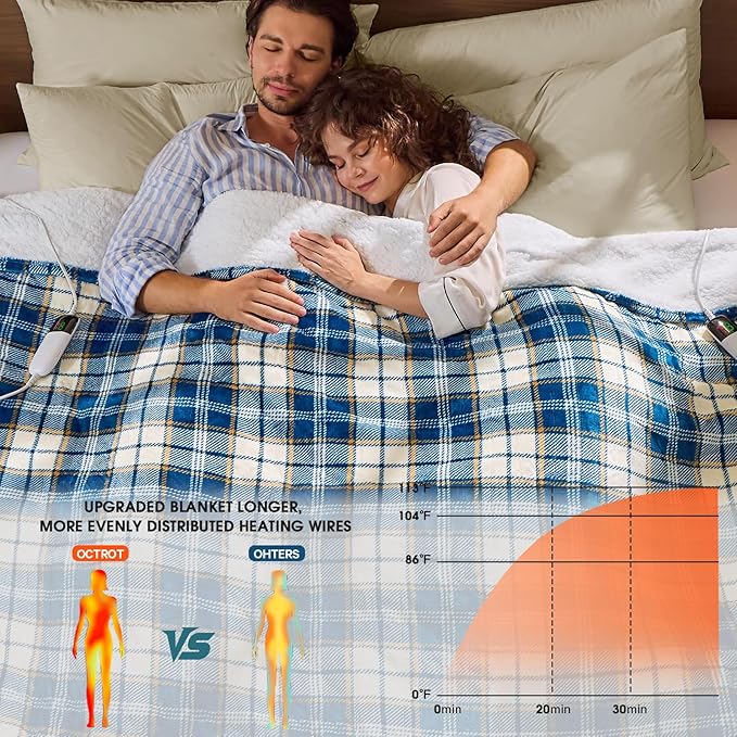Electric Heated Blanket King Size, 90X100 Heating Blanket King With Dual Control&10 Heats Levels&Timer For Bed,Large Navy Blue Plaid Sherpa Blankets Warmer Gifts for Grandma Women Adults, Washable