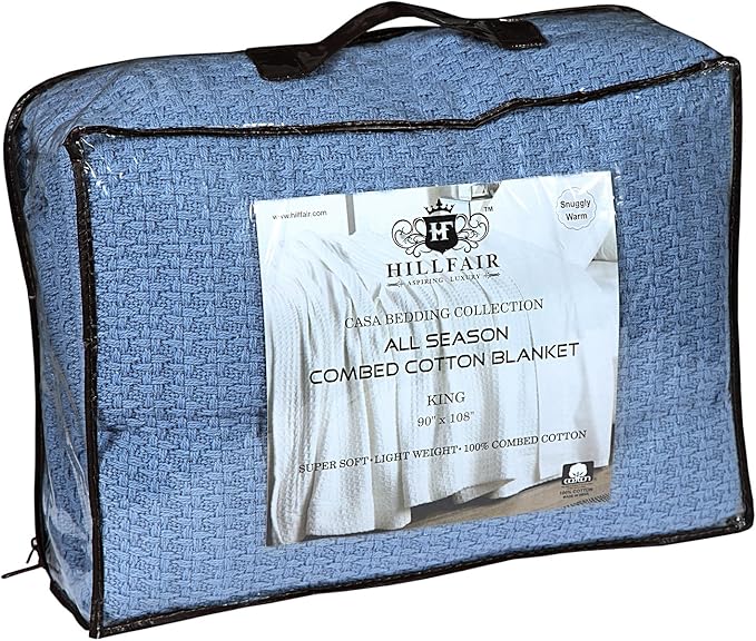 HILLFAIR 100% Combed Cotton Blanket– Twin Bed Blanket– Soft Cozy Warm Multipurpose Throws for Luxury Home Decor– 66 x 90 inch Twin XL Size Cotton Blankets for Beds- Bed Blankets for All Season- Blue