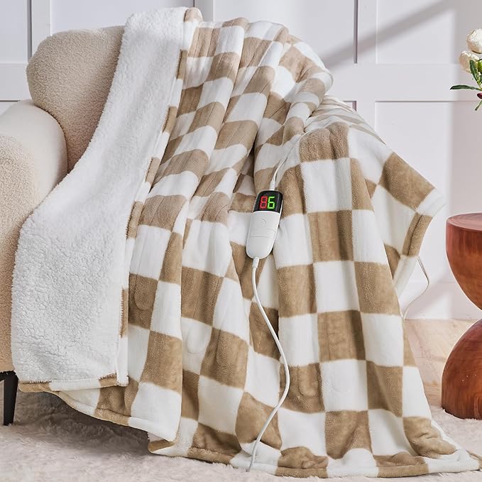 Light Brown Heated Blanket Electric Twin Size, 62X84 Heating Blanket with 10 Heat Level & 8 Hours Auto Off, Checkered Plaid Soft Fleece Sherpa Blankets Warmer Gifts for Couch Grandma Women Adults