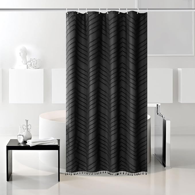 Stall Boho Shower Curtain Black Tassel Woven Fabric Shower Curtain 42 x 72 Modern Farmhouse Textured Tufted Chevron Striped Minimalist Bathroom Shower Curtain