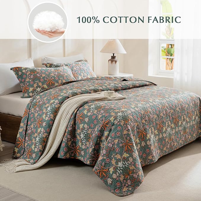 Lady Ann 100% Cotton Floral Quilt Sets Queen - Vibrant Paisley Flowers Pattern Plant Botanical Printed Quilted Bedspread & Coverlet Set, 3 PCS Lightweight Extra Soft Queen Bedding Sets All Season