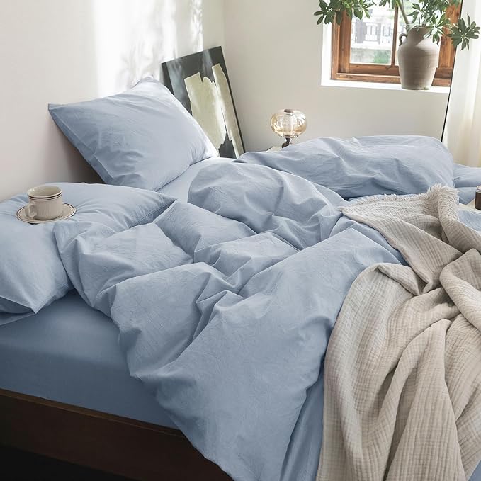 FOSSA Duvet Cover Set 100% Washed Cotton Linen Feel Super Soft Breathable Cozy 3 Pieces Bedding Sets Solid Cornflower Blue Oversized King Plus