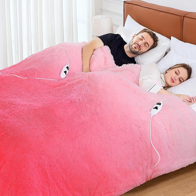 Heated Electric Blanket Queen,Warm Winter Birthday Gifts for Women Her Grandma–Faux Fur with Soft Sherpa,10 Heat Settings,5 Time Settings with Fast Heating, 84x90, Baby Pink