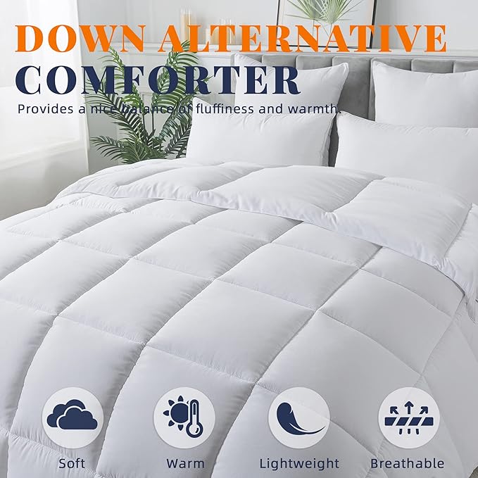 Cosybay Down Alternative Comforter (White, Cal-King) - All Season Soft Quilted California King Size Bed Comforter - Duvet Insert with Corner Tabs - Winter Summer Warm, 104x96 inches