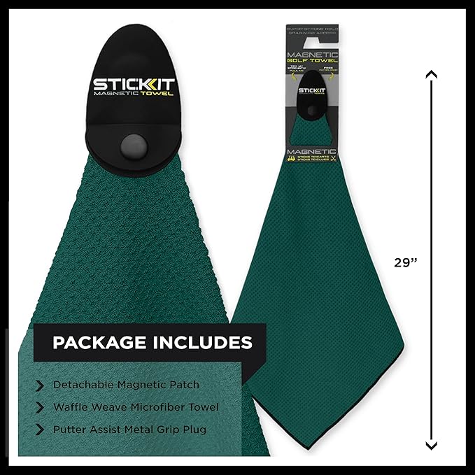 STICKIT Magnetic Golf Towel, Green, Premium 29" Microfiber with Deep Waffle Pockets, Industrial Strength Magnet for Secure Hold to Golf Carts & Clubs, Ultra-Absorbent, Fast-Drying, Easy-Clean Design