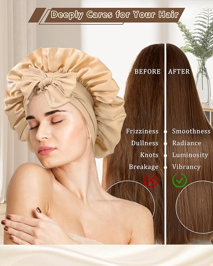 AWAYTR Women Satin Bonnet for Sleeping - Double Layer Silk Hair Bonnet with Elastic Tie Band for Braids Curly Hair