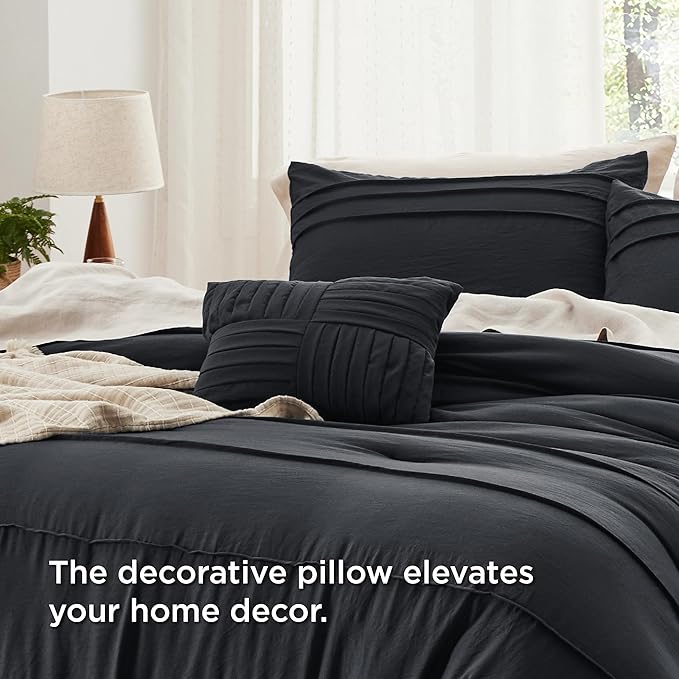 Bedsure King Comforter Set - 4 Pieces Pinch Pleat Bed Set, Black Boho Bedding for All Season, 1 Soft Comforter, 2 Pillowcases, 1 Decorative Pillow