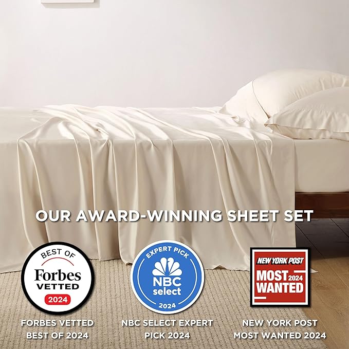 Bedsure Full Size Bed Sheets, Cooling Sheets, Rayon Derived from Bamboo, Breathable & Soft, Deep Pocket Up to 16 Inches, Hotel Luxury Silky Bedding for Hot Sleepers, Light Beige