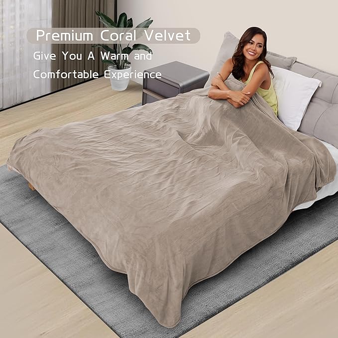 Electric Heated Blanket 72"x84" Full Size, Soft Coral Fleece with 4 Heating Levels and 10 Hours Auto-Off, Machine Washable, Cozy Plush Fabric for Home, Light Brown