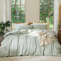 MooMee Bedding Duvet Cover Set 100% Washed Cotton Linen Like Textured Breathable Durable Soft Comfy (Heathered Sage Green, Cal King 104"x98")