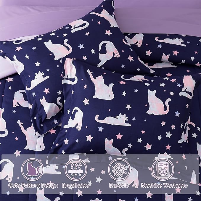 Full Size Comforter Set for Girls-7 Pieces Cute Cat Full Bedding Sets for Kids, Ultra Soft Bed in A Bag with Sheets