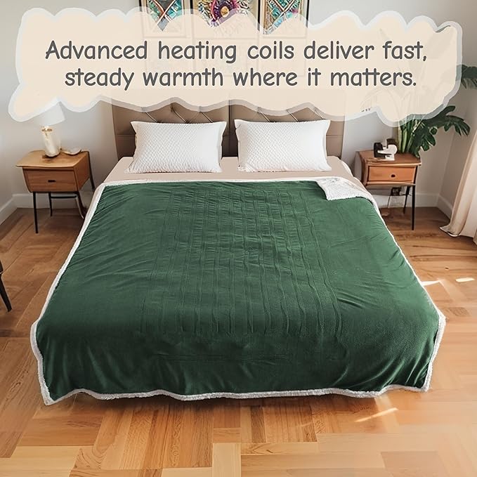 Electric Heated Blanket Full Size 72"x84", Soft Flannel with Overheat Protection, 6 Adjustable Heat Settings & 10-Hour Auto-Off Timer, Fast Heating for Winter Comfort, Dark Green