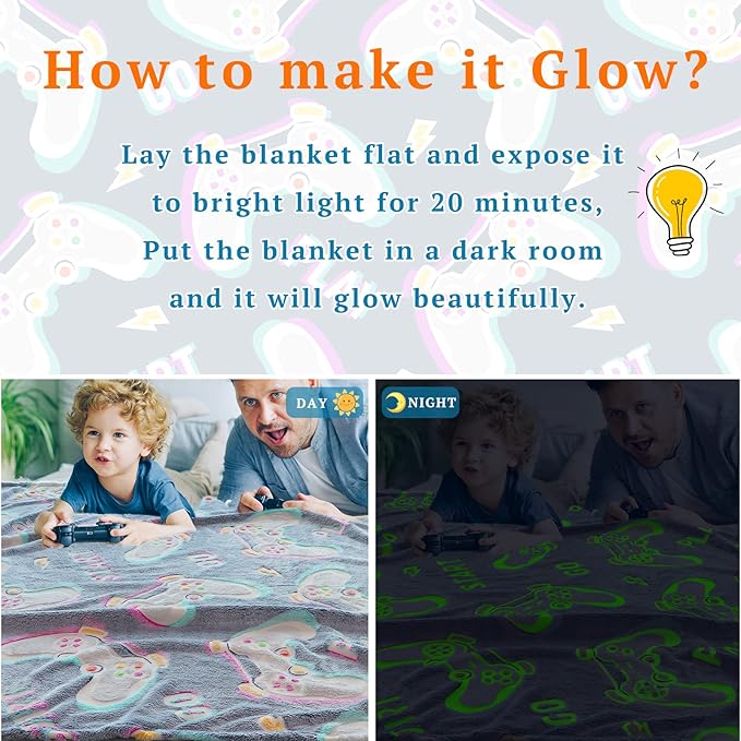 Glow in The Dark Blanket Gaming Controller Glowing Throw Blanket Gamer Plush Luminous Blankets and Throws Soft Throw Gift for Kids Girls Boys Birthday Christmas Halloween Thanksgiving 60" x 80"