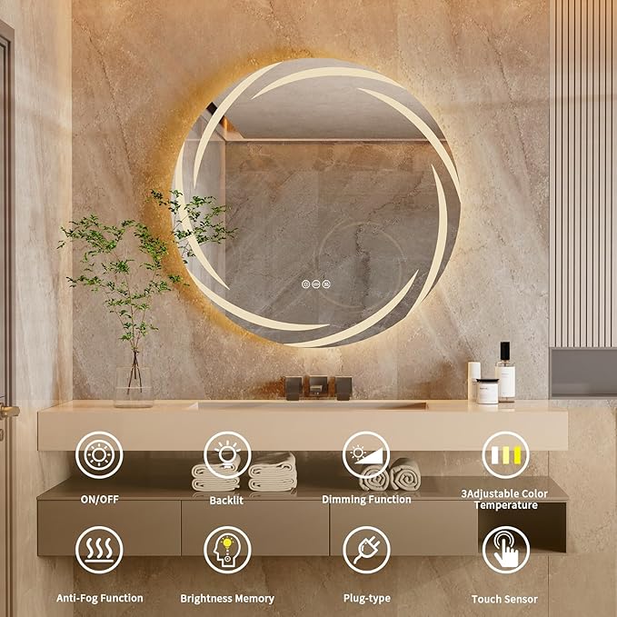 LUVODI Round LED Bathroom Mirror: 32” Circle Wall Mounted Large Lighted Makeup Mirror with 3 Color Bright Backlit - Smart Anti Fog Dimmable Vanity Mirror with Touch Switch for Restroom Toilet Hallway