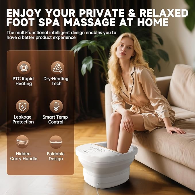 Collapasible Foot Spa Bath Massager with Heat, Pedicure Foot Spa with Bubbles and Jets/Timer/ Temperature Control, Feet Soak Tub for Home, Office, Relaxation and Stress Relief, Gift for Men and Women