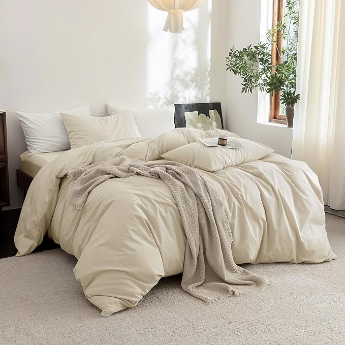 FOSSA Duvet Cover Set 100% Washed Cotton Linen Feel Super Soft Breathable Cozy 3 Pieces Bedding Sets Solid Almond Grey Full/Double