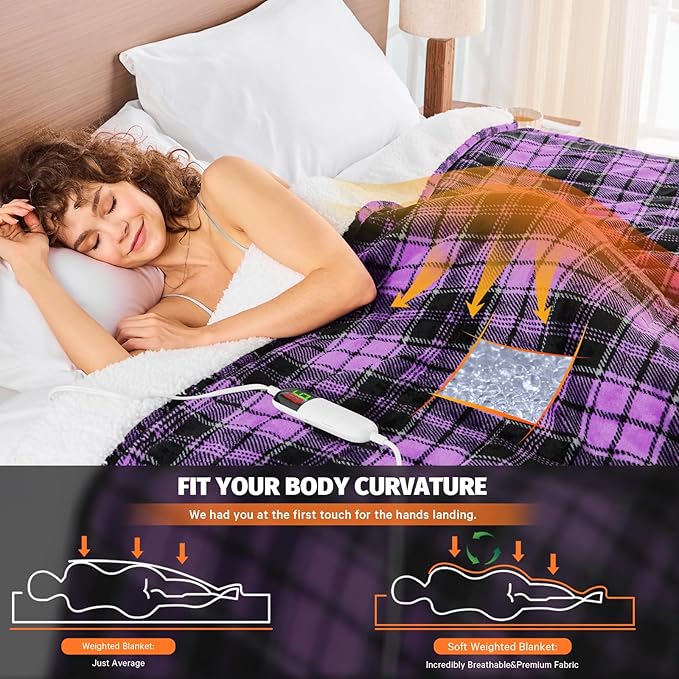 Purple Heated Weighted Blanket for Adults Throw/Twin Size 13Lbs 50"x60", 2-in-1 Electric Heating Pad Lap Heavy Blanket for 120-140lbs, 10 Level 8H Auto-Off, Cozy Birthday Gifts for Women Mom Seniors