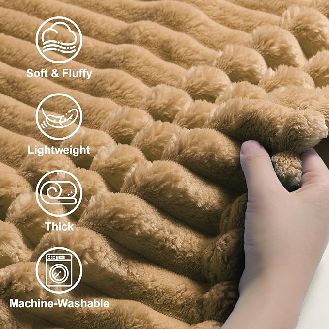 decorUhome Christmas Soft Fleece Brown Twin Blanket for Bed, Cozy Fluffy Plush Flannel Striped Throws for Couch Sofa, Lightweight Decorative Ribbed Fuzzy Blanket for Woman, 60x80 Inches