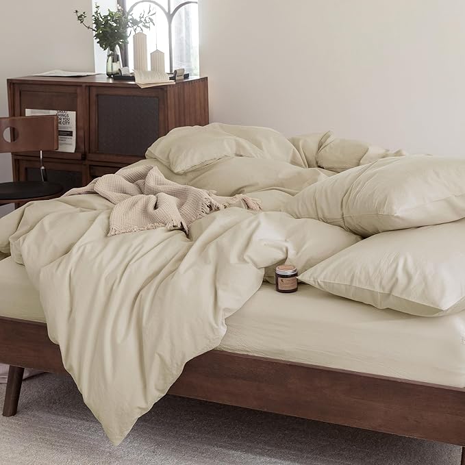 FOSSA Duvet Cover Set 100% Washed Cotton Linen Feel Super Soft Breathable Cozy 3 Pieces Bedding Sets Solid Almond Grey Oversized King