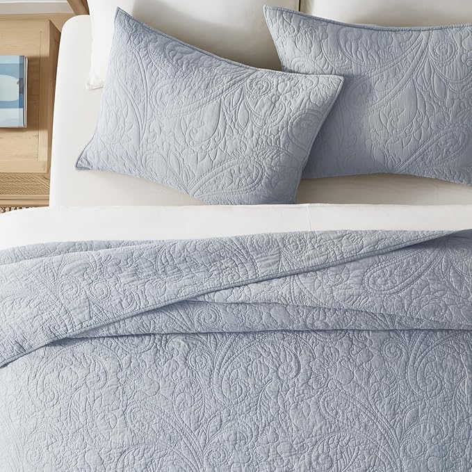 EVERGRACE 100% Cotton Paisley Quilt Set, Queen Size 3 Piece Set – Prewashed Lightweight Bedspread with 2 Shams, Soft & Breathable Matelasse Coverlet for All-Season Comfort, Pearl Blue