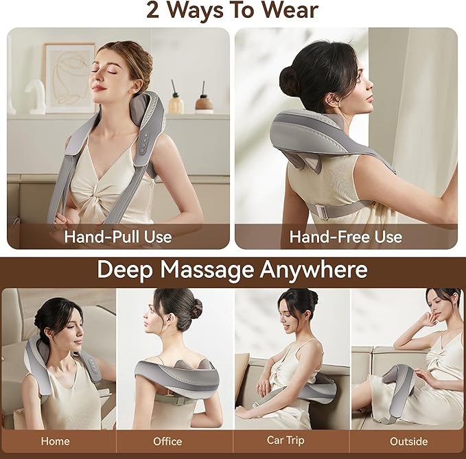 Shiatsu Neck and Shoulder Massager with Heat for Pain Relief Deep Tissue, Portable Massagers for Neck and Back, Gifts for Men and Woman (Grey with Leather Handbag)