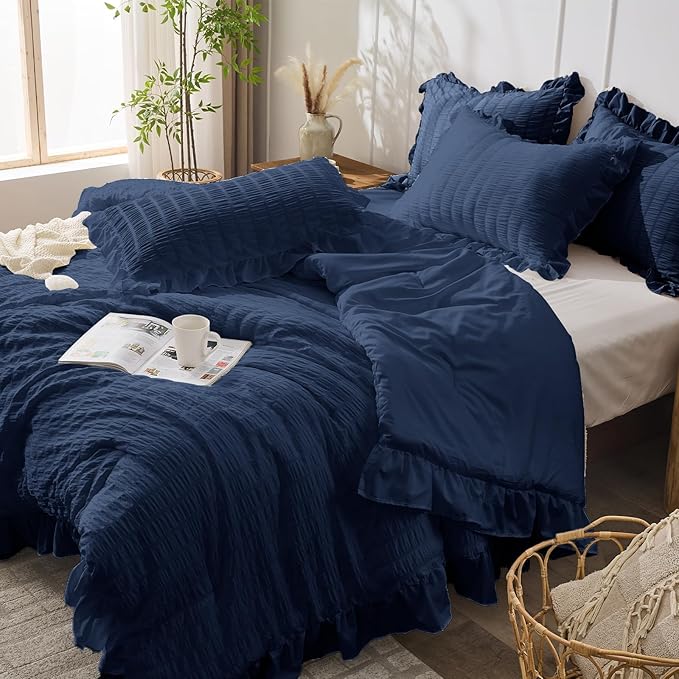 JOLLYVOGUE Navy Blue Twin Size Comforter Set, 2 Pieces Seersucker Lightweight Fluffy Bedding Set, Twin Ruffle Comforter, All Season Soft Microfiber Shabby Chic Bed Set