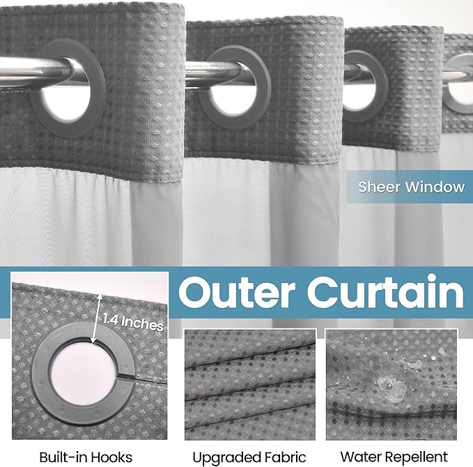 Grey Shower Curtain and Liner Set - 230GSM Waffle Weave Textured Heavy Duty,Hotel Luxury Weighted Bath Curtain,71W x 74H