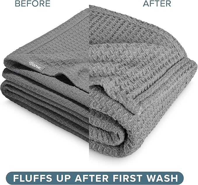 Bare Home Grey Waffle Blanket, Throw Size 44Wx66L, 100% Cotton, Soft & Breathable for All Seasons, Lightweight, Perfect for Layering Bed, Sofa & Couch (Throw/Travel, Grey)