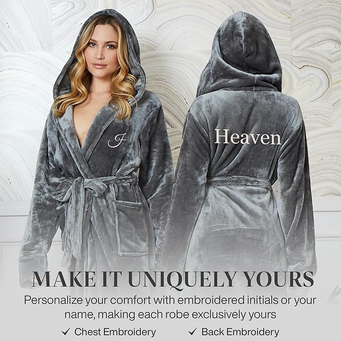 Lotus Linen Plush Robes for Women - Soft Bathrobe, Custom Monogram, Warm Fleece Robe with Pockets