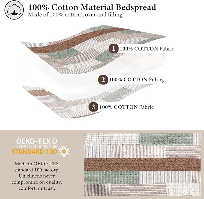 Uniclinens Plaid Quilt Queen Size, 100% Cotton Patchwork Quilt Bedding Set, Brown Lightweight Farmhouse Bedspread/Coverlet/Comforter Set, 3 Pieces Set with 2 Pillowshams, Brown/Green/Cream