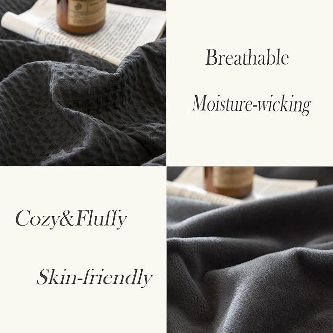 CHUFFED Cotton Waffle Blanket King Size - Plush Milk Velvet & Reversible Waffle Weave,Anti-Static 300Gsm Design，Thick Cozy Soft Winter Blanket for Bed, Couch, Sofa - Dark Grey, 104x90 Inches