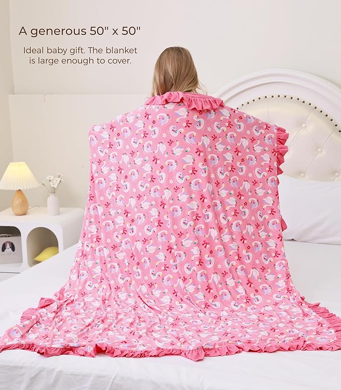 Premium Baby Blanket for Girls, Stretchy Quilt, Soft Crib Bedding for Newborn Baby and Toddler, Ruffle Nursery Blanket for Kids, Viscose Made from Bamboo, 50''x50'' Beautiful Swan One Size