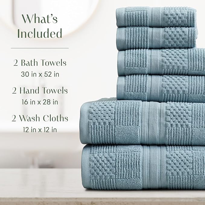 Springtree Home 100% Cotton Bathroom Towel Set | 6 Piece Set - Blue Towels | Geometric Textured Design | Absorbent & Quick-Dry | Oeko-TEX® Standard 100 Cotton | Myla Collection - Arona Blue