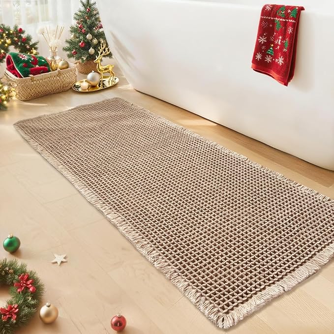 Waffle Bath Mat - Boho Bathroom Rugs Non Slip Washable, Super Absorbent & Quick Dry, Soft Bath Mat Farmhouse Bathroom Decor, 24'' x 48'', Khaki