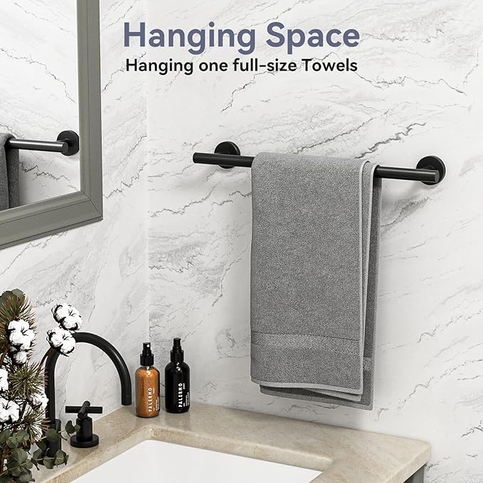 Matte Black Towel Bar, 16 Inch Bathroom Towel Rack, Towel Holder Wall Mounted, Thicken SUS304 Stainless Steel Towel Rod Modern Home Decor (Total Length 18-Inch)