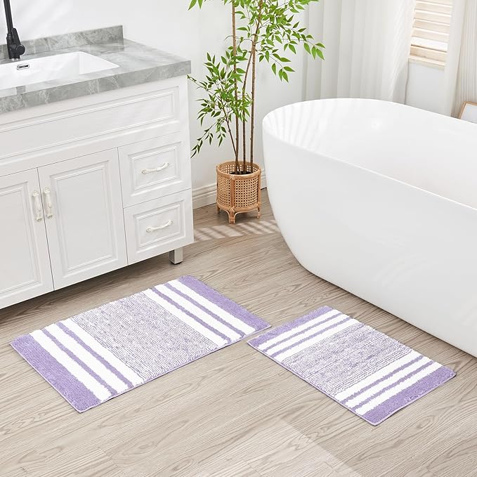 CozeCube Bath mats for Bathroom Non Slip, Fluffy Absorbent Microfiber Bath mat Washable, Aesthetic Bathroom Rugs, Cute Purple Striped Bath mat, Lavender, 32" x 20"