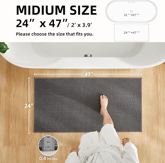 Bathroom Rugs Non Slip Washable, Super Absorbent Thin Bath Mat Quick Dry Low Pile Bathroom Rug, Dark Grey 24"x47"