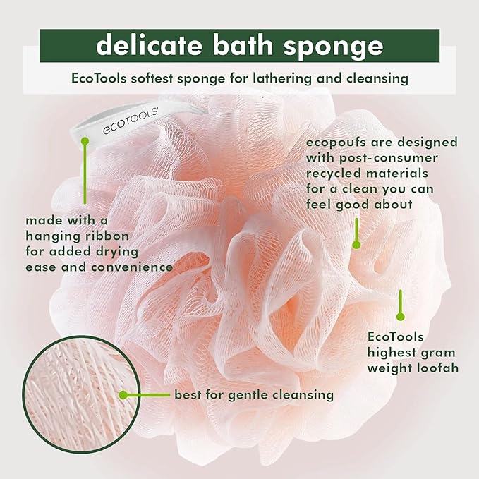 EcoTools Delicate EcoPouf Bath Sponge, Made With Recycled Materials, Exfoliating Bath Pouf, Loofah for Shower & Bath, In Assorted Colors, Green, White, Pink, and Gray, Perfect for Men & Women, 6 Count