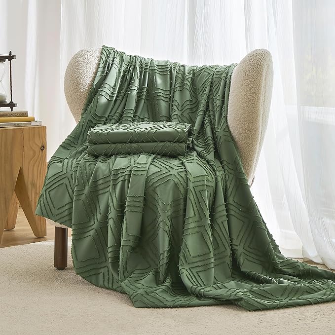 JELLYMONI Duvet Cover Super Queen Size Green - 3PCS Boho Duvet Cover Set Plaid Polyester Tufted Bohemian Jacquard Knit Textured Comforter Cover 98×90in Rhombic Geometric Pattern Zipper Corner Tie