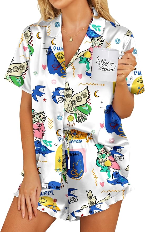 Ekouaer Womens Satin Pajamas Set Button Down 2 Piece Silk Pjs Shorts Set Ruffle Lingerie Notch Collar Sleepwear