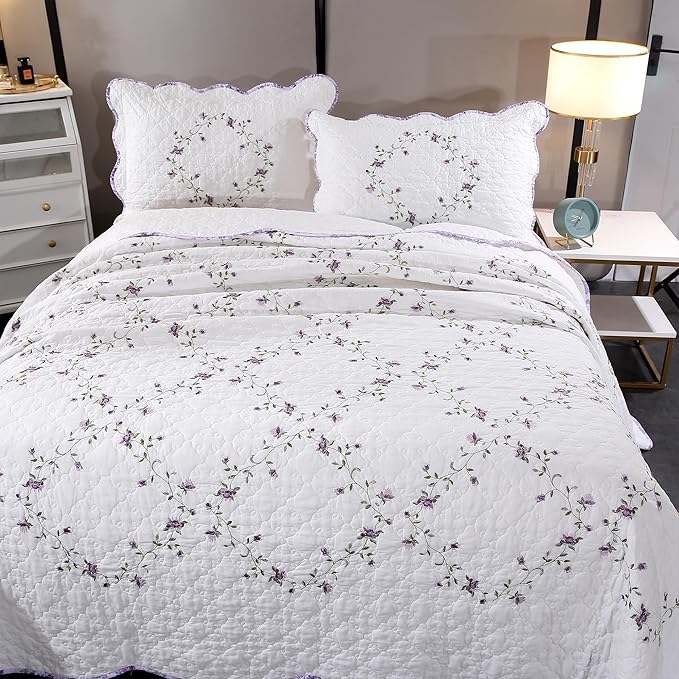 Quilt Set Purple Floral 3D Embroidery Pattern 3 PCS 100% Cotton Reversible Quilted Embroidered Decorative Bedspreads Coverlet Set, Lightweight &Soft King Size White Bedding Coverlet for All Season