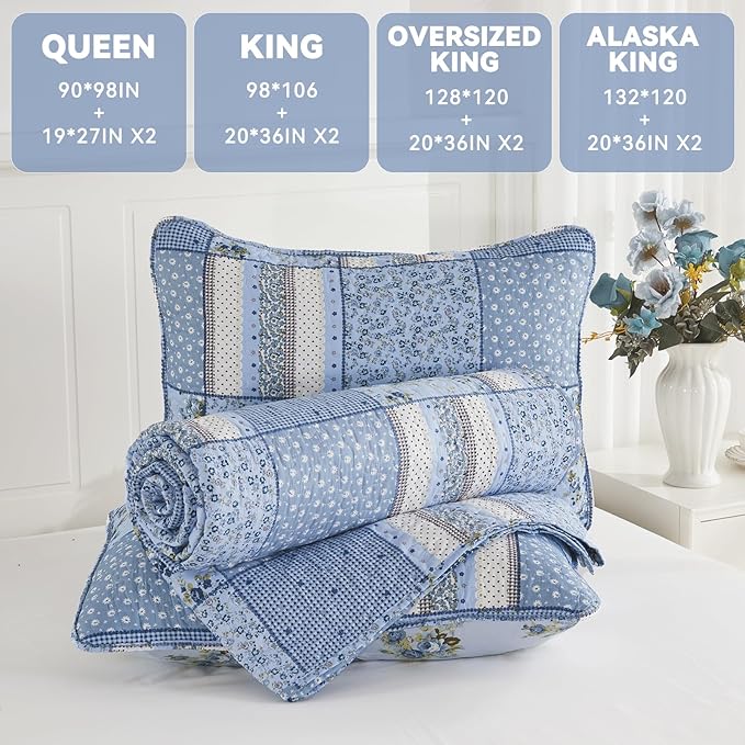ENJOHOS Extra Wide Alaska King Quilts 132x120, 3 Pcs Blue Plaid Floral Oversized King Quilt, Extra Wide Bedspread Coverlet Set for All Seasons, Patchwork Reversible Bedding Set