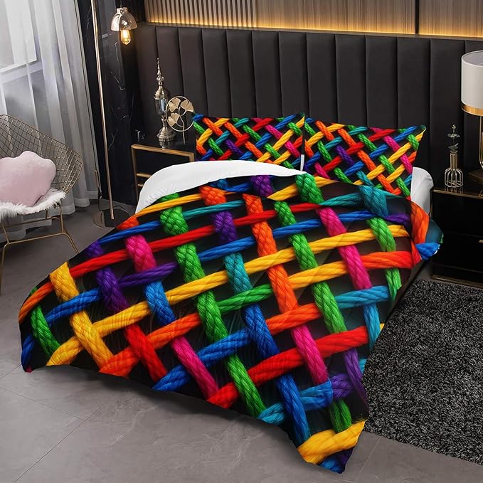 Colorful Checkered Geometric Pattern Comforter Set Full Size，Waffle Weave Bedding Set Full，with 1 Comforter with 2 Pillow Case，Checkered Print Bedroom Decor